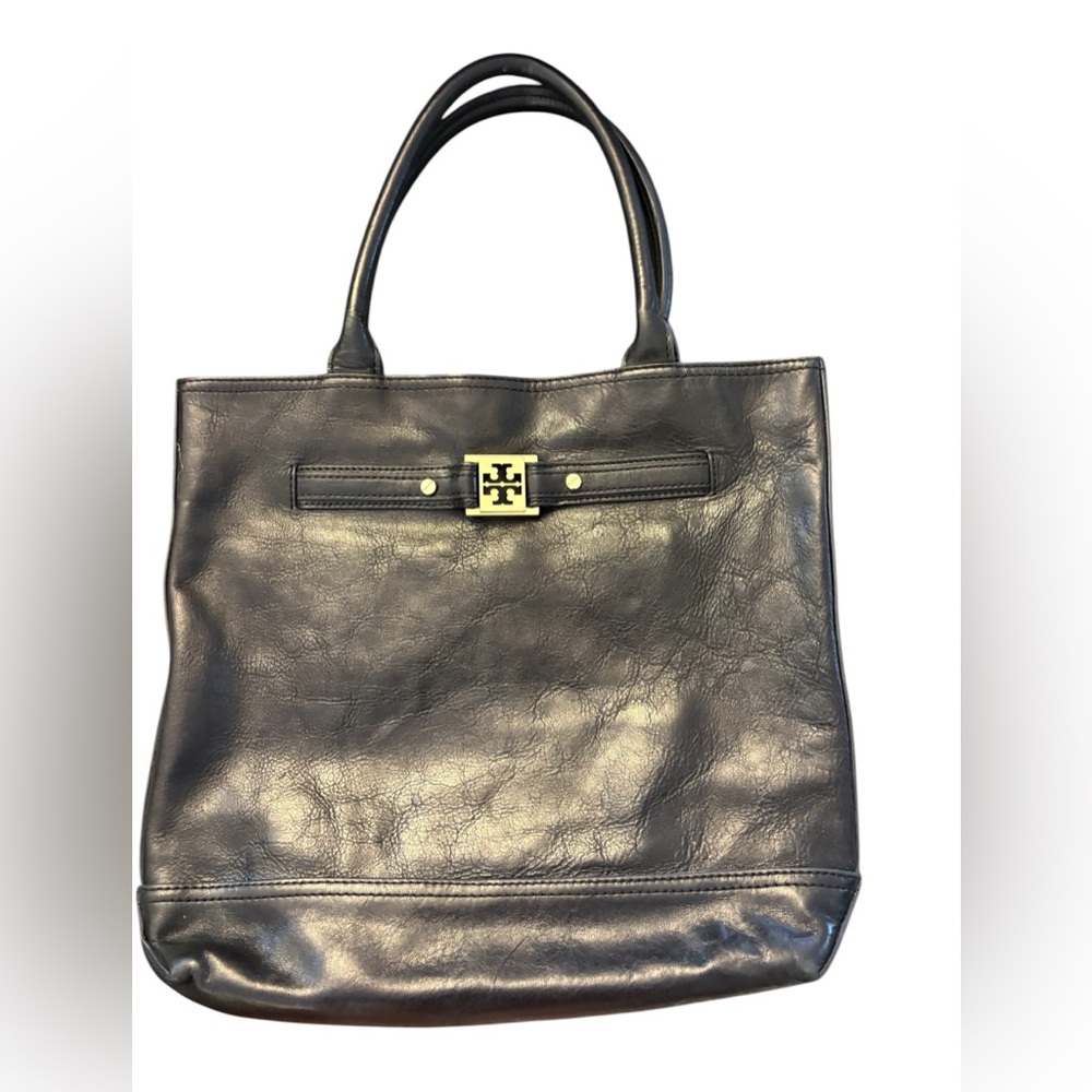Tory Burch Black Leather Tote with Gold Logo Accent